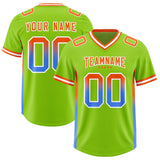 Custom Neon Green Orange and Powder Blue Sides Gradient Fashion Personalized Team Football Jersey