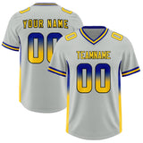 Custom Gray Royal and Gold Sides Gradient Fashion Personalized Team Football Jersey