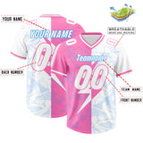 Custom White Pink Split Personalized Lightning Pattern Football Jersey