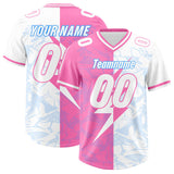 Custom White Pink Split Personalized Lightning Pattern Football Jersey