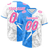 Custom Light Blue White Split Personalized Lightning Pattern Football Jersey