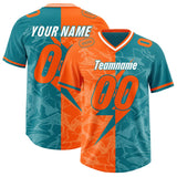 Custom Aqua Orange Split Personalized Lightning Pattern Football Jersey