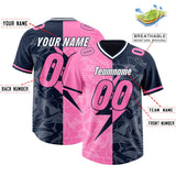 Custom Navy Pink Split Personalized Lightning Pattern Football Jersey