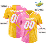Custom Yellow Pink Split Personalized Lightning Pattern Football Jersey