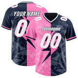 Custom Navy Pink Split Personalized Lightning Pattern Football Jersey