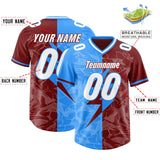Custom Crimson Light Blue Split Personalized Lightning Pattern Football Jersey