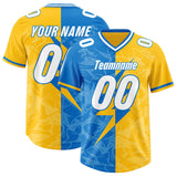 Custom Panther Blue Gold Split Personalized Lightning Pattern Football Jersey