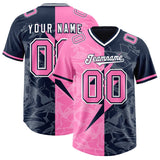 Custom Navy Pink Split Personalized Lightning Pattern Football Jersey