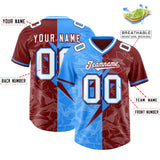 Custom Crimson Light Blue Split Personalized Lightning Pattern Football Jersey