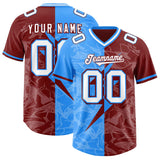 Custom Crimson Light Blue Split Personalized Lightning Pattern Football Jersey