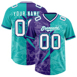 Custom Aqua Purple Split Personalized Lightning Pattern Football Jersey