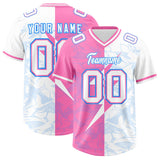 Custom White Pink Split Personalized Lightning Pattern Football Jersey