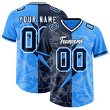 Custom Light Blue Navy Split Personalized Lightning Pattern Football Jersey