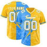 Custom Yellow Light Blue Split Personalized Lightning Pattern Football Jersey