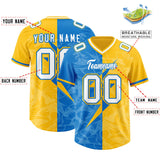 Custom Panther Blue Yellow Split Personalized Lightning Pattern Football Jersey