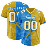 Custom Panther Blue Old Gold Split Personalized Lightning Pattern Football Jersey