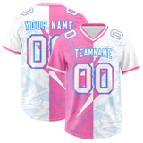 Custom White Pink Split Personalized Lightning Pattern Football Jersey