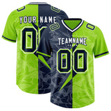 Custom Neon Green Navy Split Personalized Lightning Pattern Football Jersey