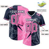 Custom Navy Pink Split Personalized Lightning Pattern Football Jersey