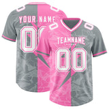 Custom Gray Pink Split Personalized Lightning Pattern Football Jersey