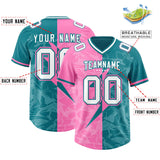 Custom Aqua Pink Split Personalized Lightning Pattern Football Jersey