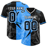 Custom Black Light Blue Split Personalized Lightning Pattern Football Jersey