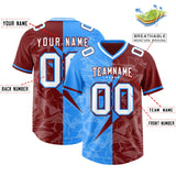 Custom Crimson Light Blue Split Personalized Lightning Pattern Football Jersey