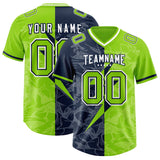 Custom Neon Green Navy Split Personalized Lightning Pattern Football Jersey