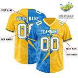 Custom Panther Blue Yellow Split Personalized Lightning Pattern Football Jersey