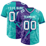 Custom Aqua Purple Split Personalized Lightning Pattern Football Jersey