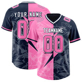 Custom Navy Pink Split Personalized Lightning Pattern Football Jersey