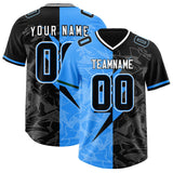 Custom Black Light Blue Split Personalized Lightning Pattern Football Jersey