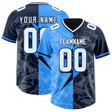 Custom Navy Light Blue Split Personalized Lightning Pattern Football Jersey