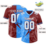 Custom Crimson Light Blue Split Personalized Lightning Pattern Football Jersey