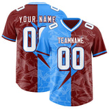 Custom Crimson Light Blue Split Personalized Lightning Pattern Football Jersey