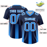 Custom Navy Light Blue Vertical Width Stripe Gradient Fashion Personalized Team Football Jersey