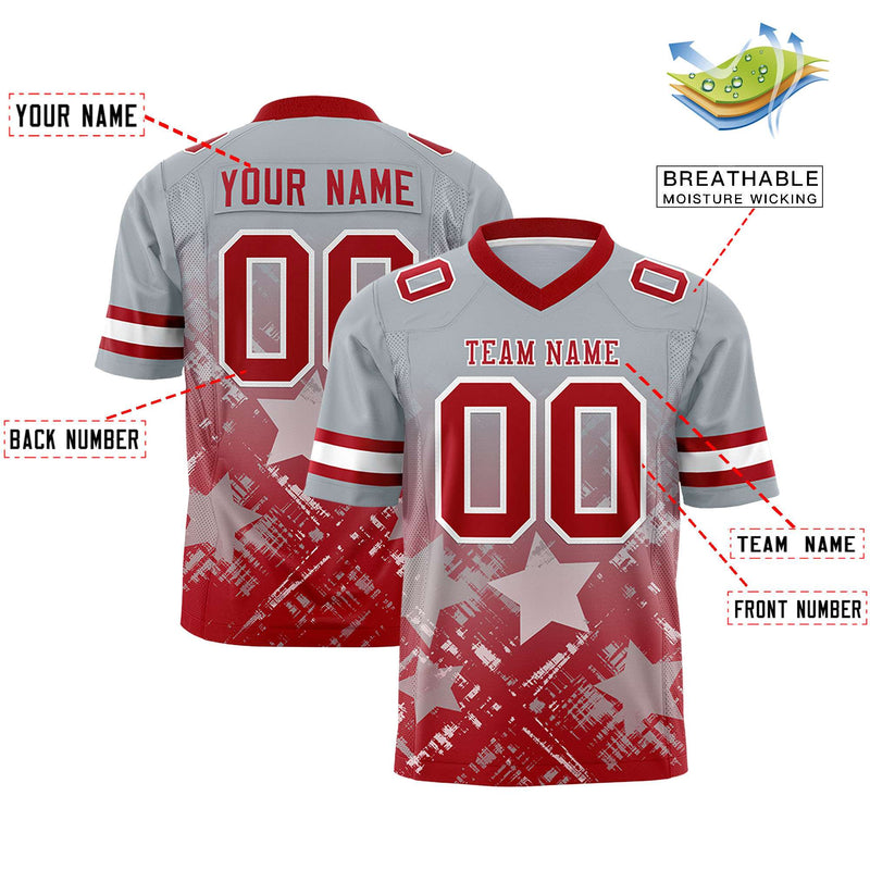 Custom Grey Red Personalized Star Gradient Authentic Football Jersey