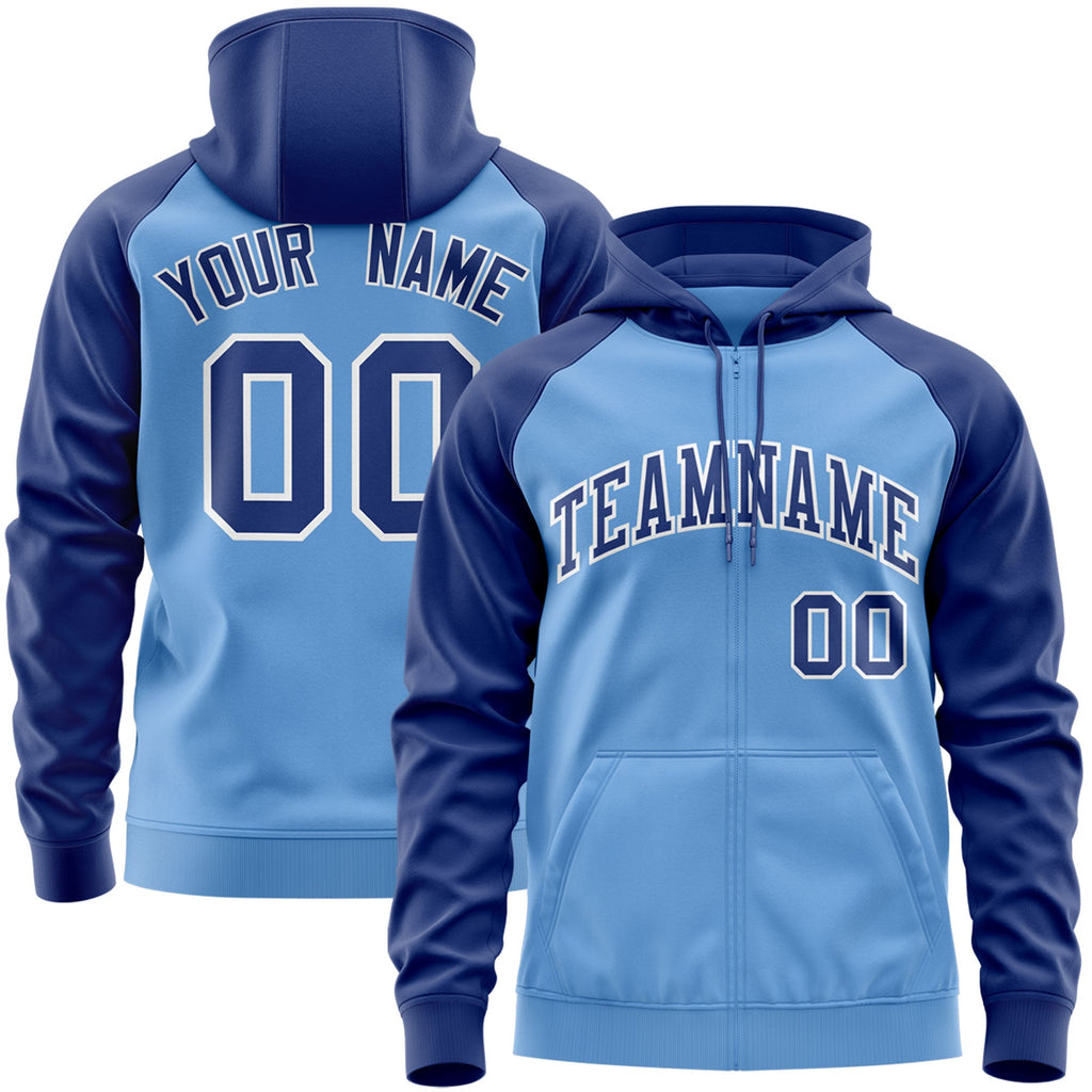 Custom Stitched Your Team Logo and Number Adult Youth Raglan Sleeves Sports Full-Zip Sweatshirt Hoodie