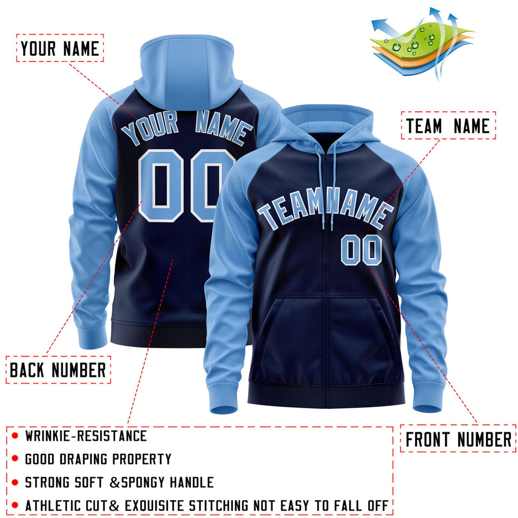 Custom Raglan Sleeves Universal Full-Zip Hoodie Embroideried Your Team Logo And Number Adult Youth